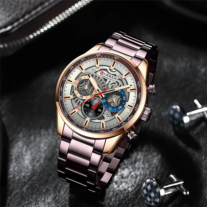 CURREN – montre-bracelet de Sport en acier inoxydable pour homme, chronographe étanche, marque de luxe, style militaire, idée cadeau