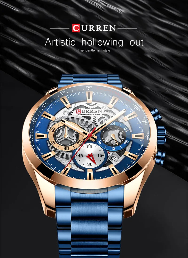 CURREN – montre-bracelet de Sport en acier inoxydable pour homme, chronographe étanche, marque de luxe, style militaire, idée cadeau