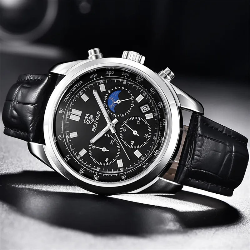 Montre benyar chronighraphe en cuir véritable