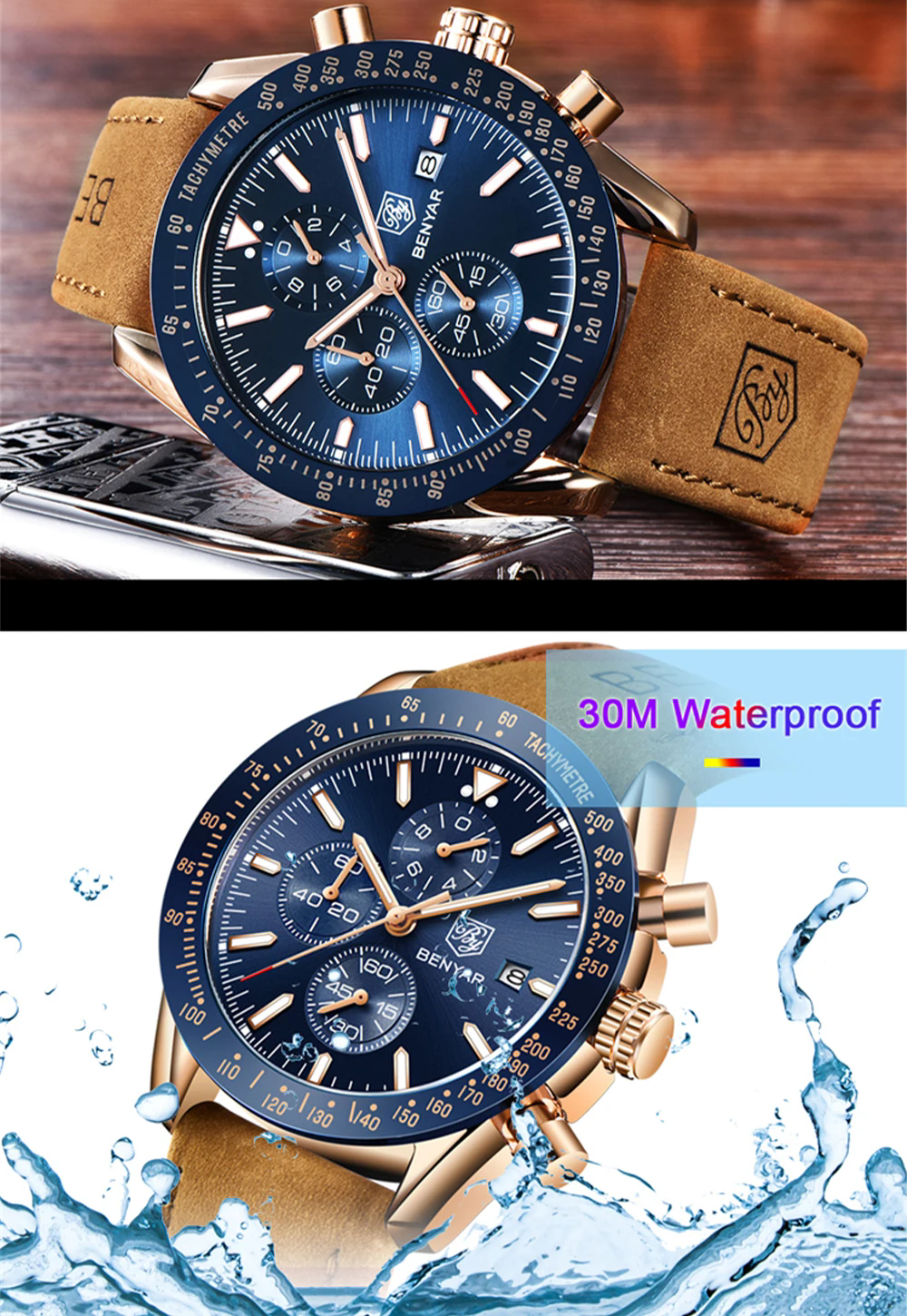 Montre chronographe BENYAR pour homme, cadran bleu et bracelet en cuir marron