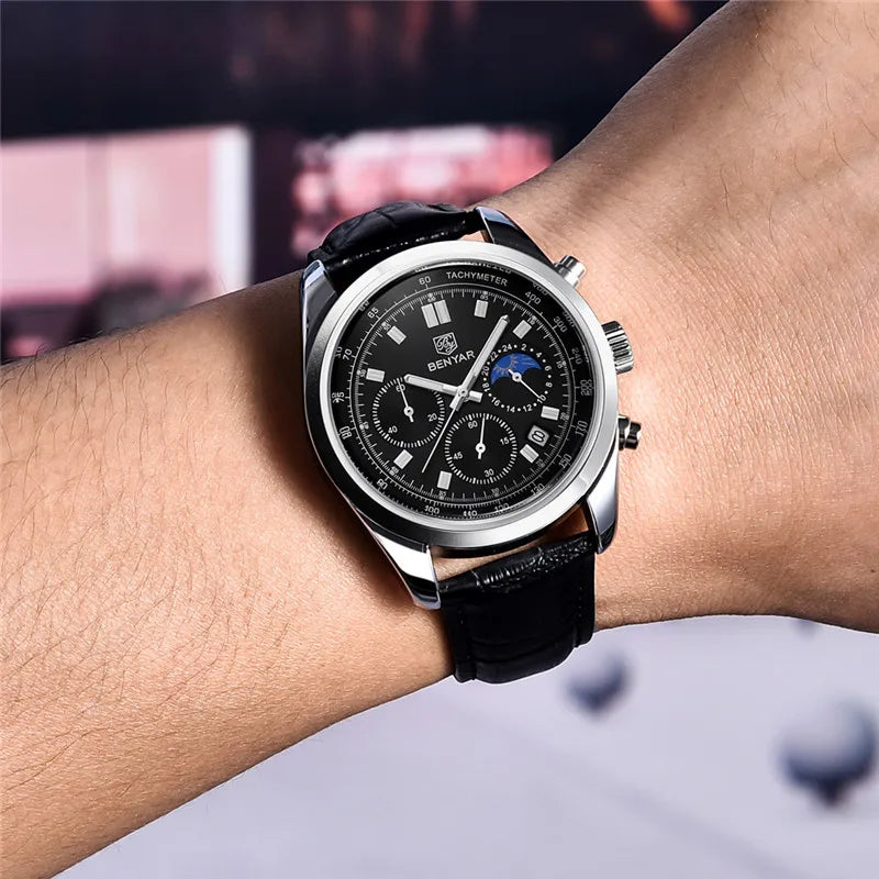 Montre benyar chronighraphe en cuir véritable