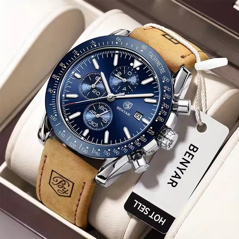Montre chronographe BENYAR pour homme, cadran bleu et bracelet en cuir marron