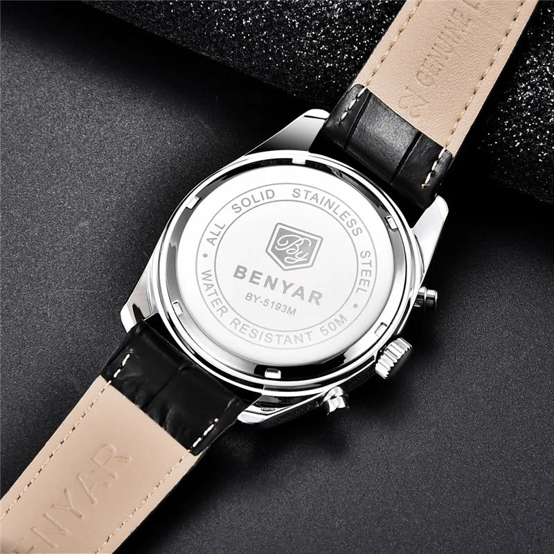Montre benyar chronighraphe en cuir véritable