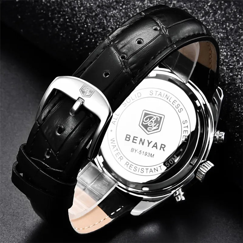 Montre benyar chronighraphe en cuir véritable