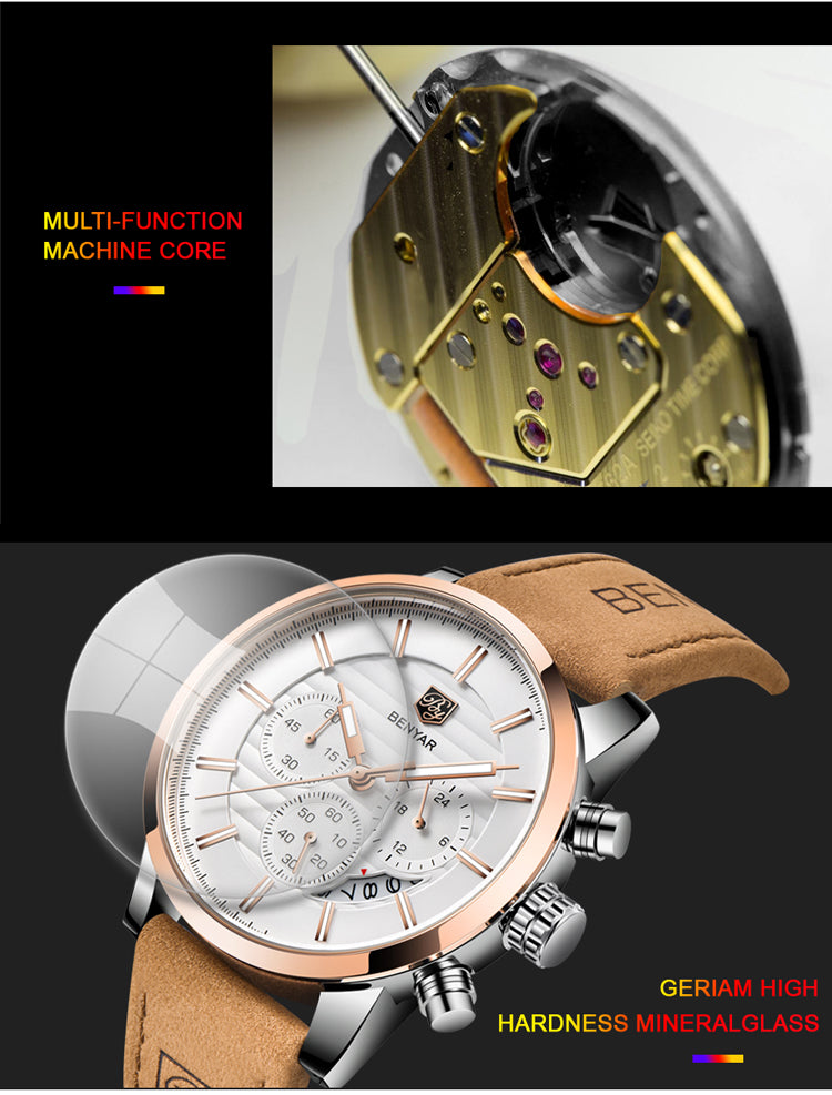 Montre chronographe pour homme de marque BENYAR avec un design bicolore sportif-élégant.