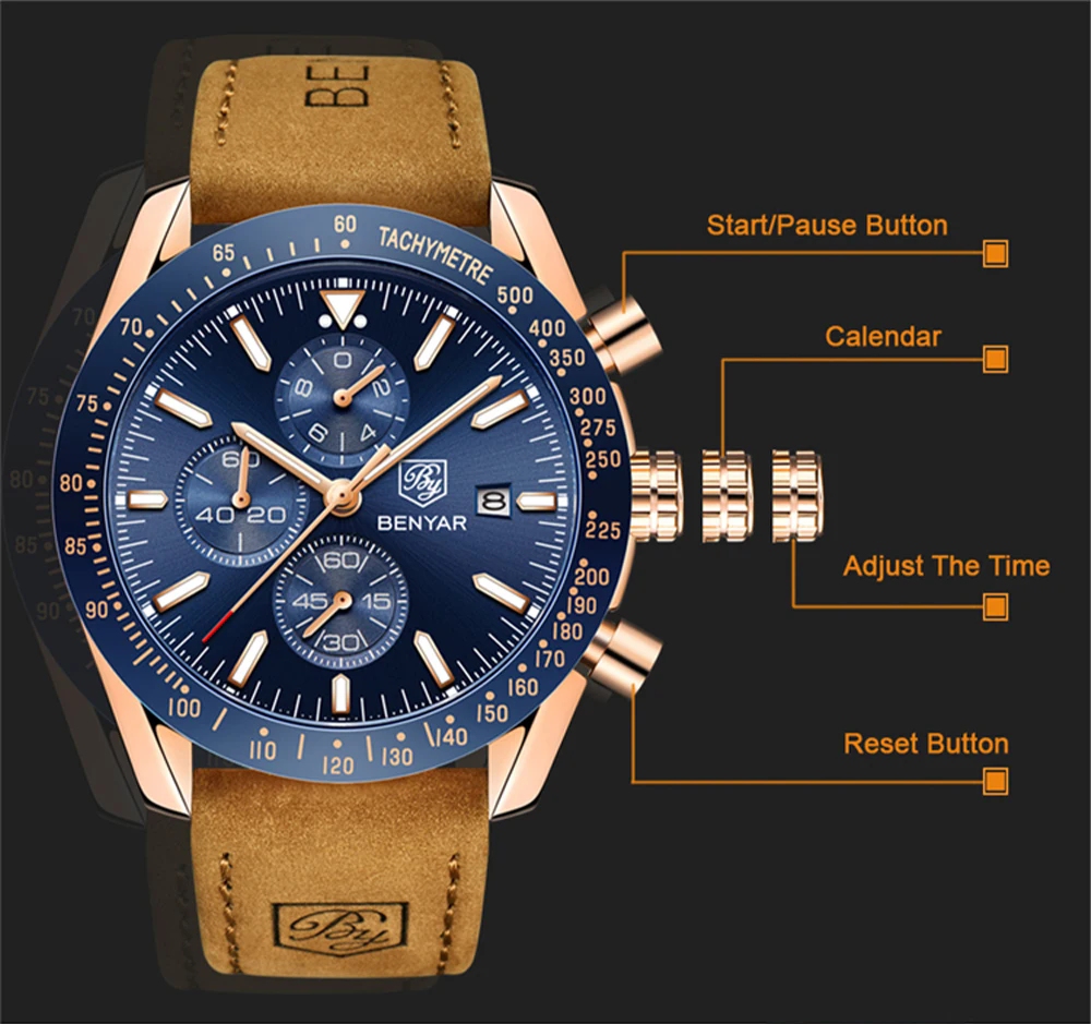 Montre chronographe BENYAR pour homme, cadran bleu et bracelet en cuir marron