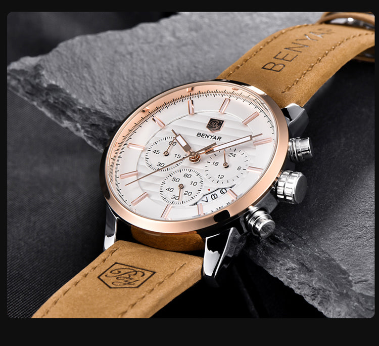 Montre chronographe pour homme de marque BENYAR avec un design bicolore sportif-élégant.