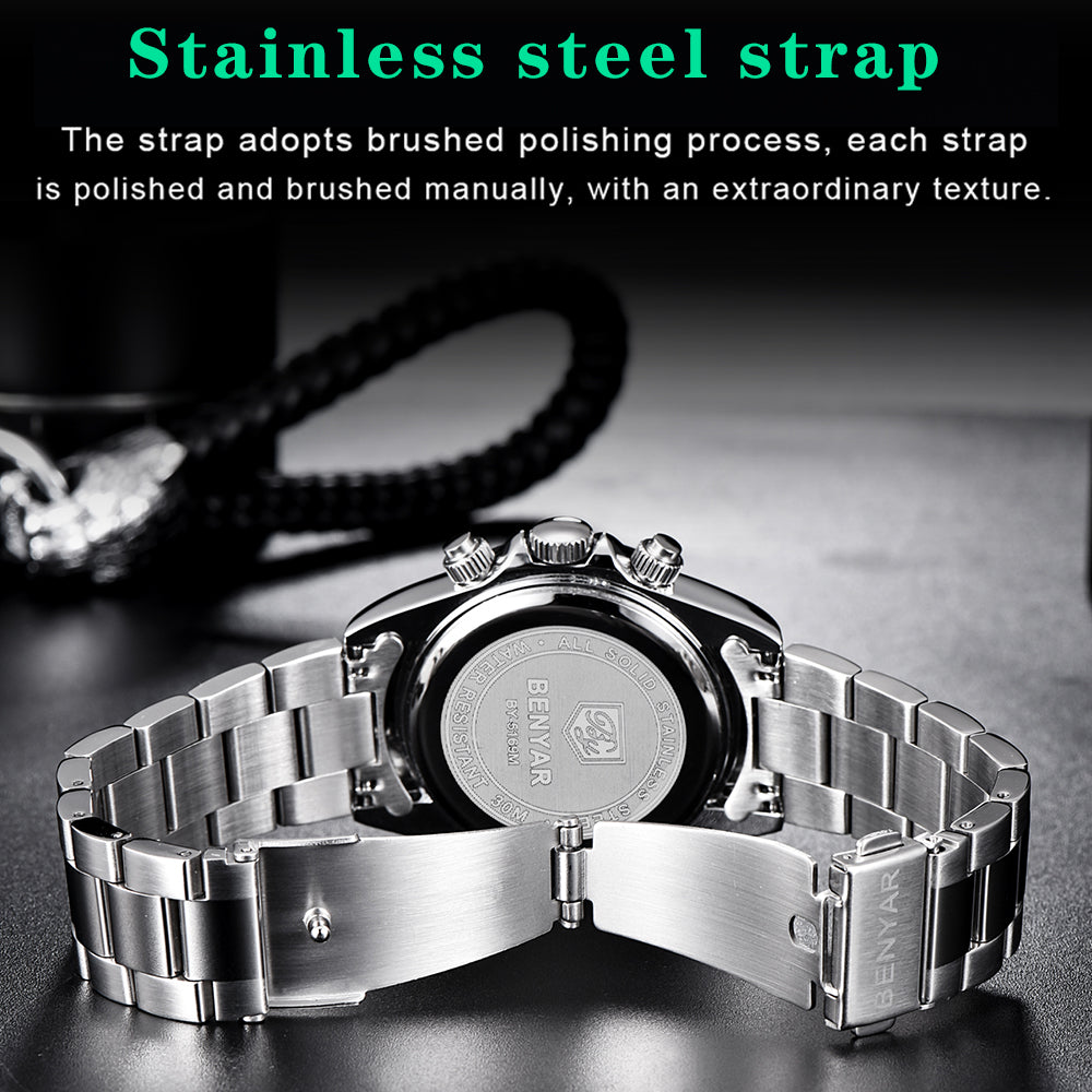 Montre-bracelet chronographe sport BENYAR en acier inoxydable